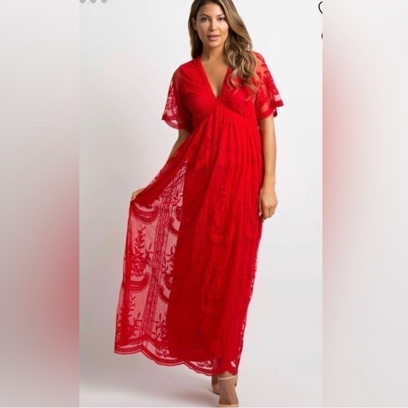 Pinkblush Red Lace Mesh Overlay Maxi Dress - Picture 2 of 10